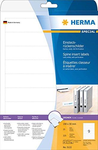 HERMA Spine insert labels A4 190x30 mm baltas cardboard perforated non-adhesive 225 pcs. - Baltas - Non-adhesive spausdintuvas label - A4 - Cardboard - lazerinis/Inkjet - Rectangle
