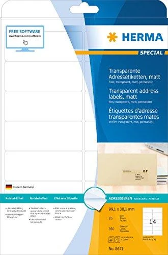 „Herma“ skaidrios folijos adresų etiketės, matinės A4, 99,1 x 38,1 mm, atsparios oro sąlygoms, nuolatiniai klijai – 8671