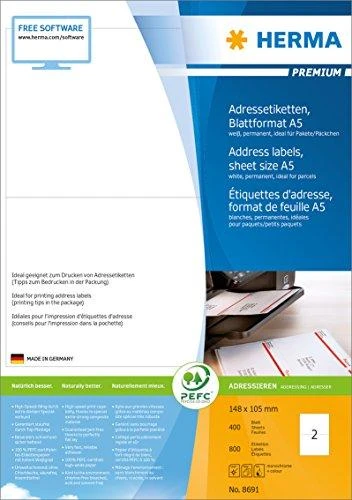 Herma Adresų etiketės PREMIUM A5, 148 x 105 mm, balta, nuolatinis sukibimas - 8691