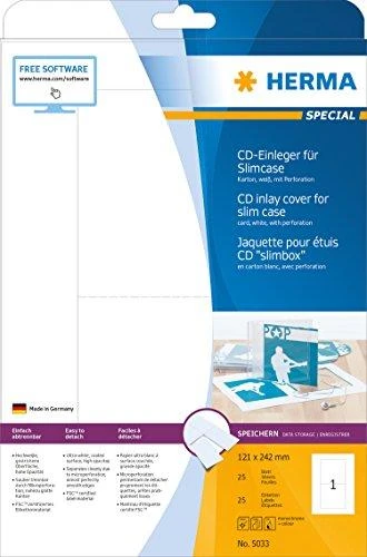 Herma Cardboard įdėklai 5033, A4, CD ir DVD dėklams, balta, be klijų, 121 x 242 mm, plonas dėklas, 25 vnt (5033)
