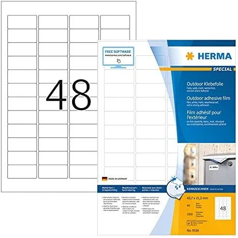 „Herma A4“ oro sąlygoms atsparios plėvelės etiketės, 45,7 x 21,2 mm Balta itin stiprus sukibimo tempimas – 9536