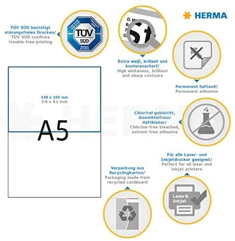 Herma Adresų etiketės PREMIUM A5, 148 x 105 mm, balta, nuolatinis sukibimas - 8691