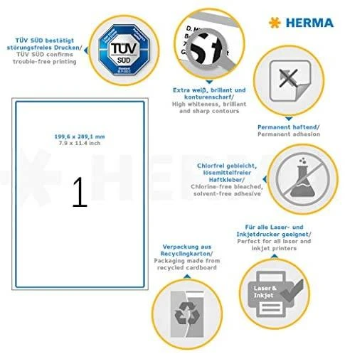 Herma Premium Labels 4252, A4, Adresas, Balta, 199,6 x 289,1 mm, Matine Popierius, 100 vnt., Suapvalinti kampai (4252)