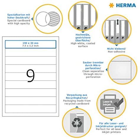 HERMA Spine insert labels A4 190x30 mm baltas cardboard perforated non-adhesive 225 pcs. - Baltas - Non-adhesive spausdintuvas label - A4 - Cardboard - lazerinis/Inkjet - Rectangle