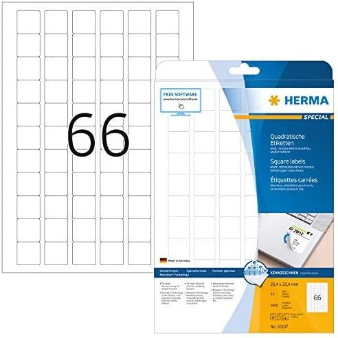 Herma Nuimamos etiketės 10107 Kilnojami daiktai, A4, kvadratas, 25,4 x 25,4 mm, balta, matinė popierius, 1650 vnt (10107)