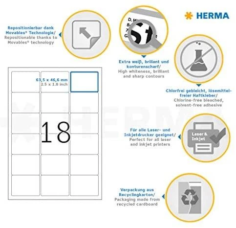 Herma Nuimamos etiketės 4203 Kilnojamieji, A4, 63,5 x 46,6 mm, balta, matinė popierius, 450 nt., užapvalinti kampai (4203)