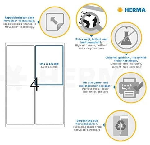 Herma HERMA Adressetik. A4 baltas 99,1x139 mm Papier pakuotė 100 St.