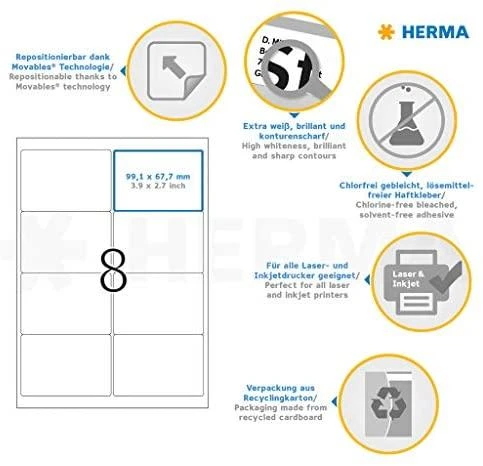 Herma HERMA Adreso etiketė A4 99,1x67,7mm balta 25 lapai
