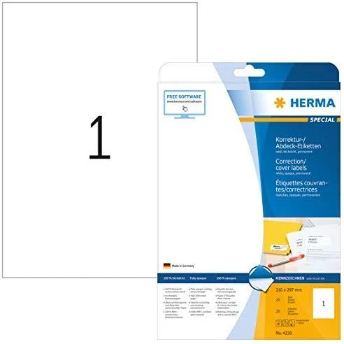 Herma Cover etiketės A4, balta popierius nepermatomas matinis, 25 vnt. (4230)