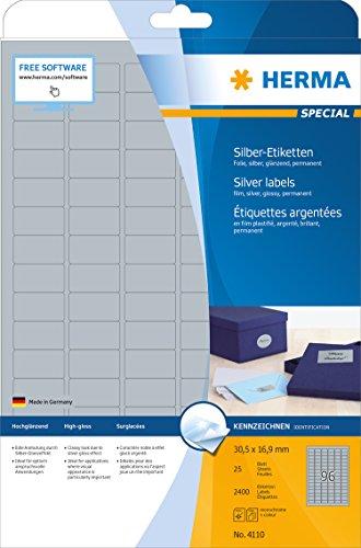 Herma Foil etiketės 4110, A4, 30,5 x 16,9 mm, blizgi sidabrinė folija, 2400 vnt (4110)