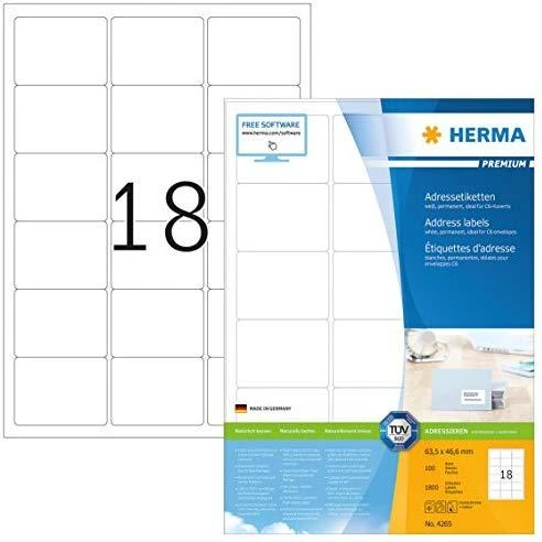 Herma Premium A4 etiketės, adresas, balta, matinė popierius, 1800 vnt (4265)