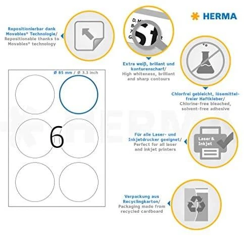 Herma Etykiety odklejalne 5068 Movables, A4, apvalus, Ø 85 mm, balta, papier matinė, 150 vnt. (5068)