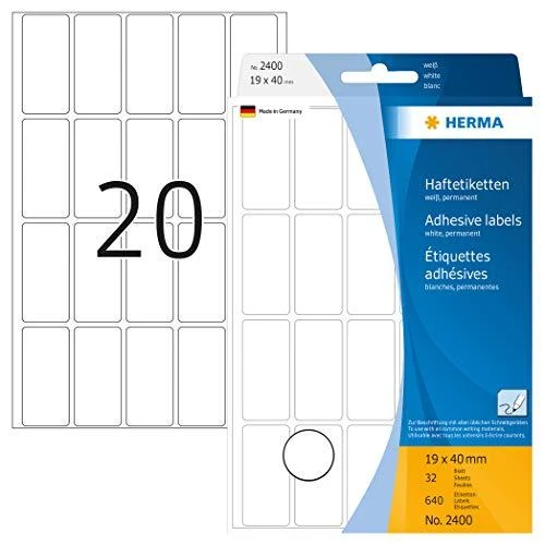 HERMA daugiafunkcinės etiketės 19x40 mm baltas popierius matinis užrašas ranka 640 vnt. - Baltas - Apvalus stačiakampis - Celiuliozė, Popierius - Vokietija - 19 mm - 40 mm