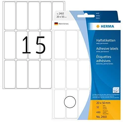 HERMA daugiafunkcinės etiketės 20x50 mm baltas popierius matinis užrašas ranka 480 vnt. - Baltas - Apvalus stačiakampis - Celiuliozė, Popierius - Vokietija - 20 mm - 50 mm