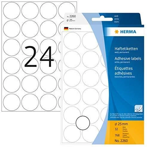 Herma Lipnios etiketės, apvalas, balta 25 mm 768 vnt - 2260