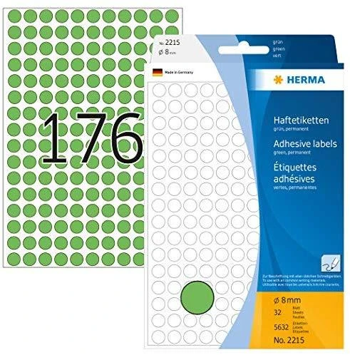 Herma Lipnios etiketės, žalia, 8 mm, apvalus 5632 vnt. - 2215