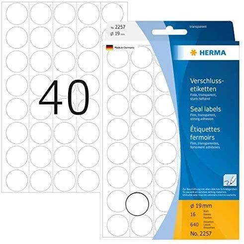 Herma sandarinimo etiketės 19 mm, 20 lapų (2257)