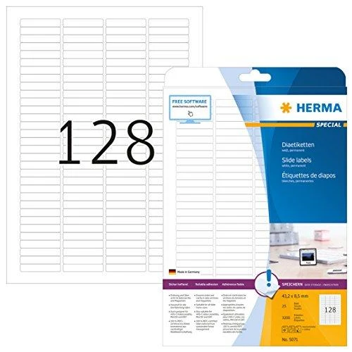 Herma Slide etiketės, balta, 43,2 x 8,5 mm, visiems skaidrių rėmams, matinis popierius, 25 lapai (5071)