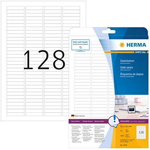 Herma Slide etiketės, balta, 43,2 x 8,5 mm, visiems skaidrių rėmams, matinis popierius, 25 lapai (5071)