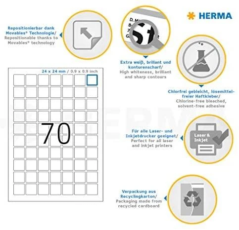 Herma Nuimamos etiketės A4, 24 x 24 mm, balta, Kilnojamų daiktų technologija. – 10105