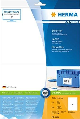 Herma Etykiety Premium 8636, A4, balta, 210 x 148 mm, papier matinė, 20 vnt. (8636)
