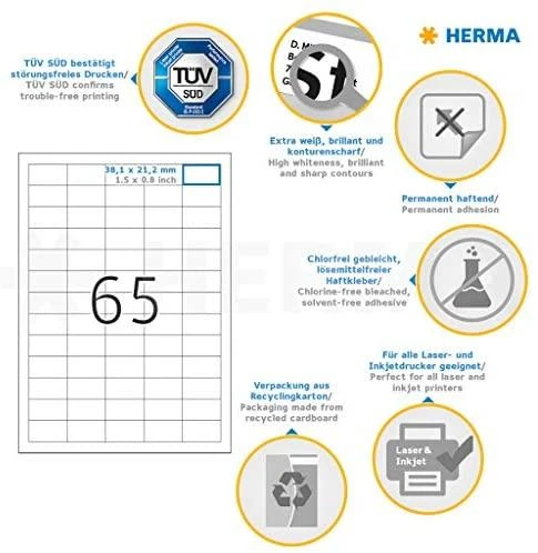 Herma Etykiety Premium 8629, A4, balta, 38,1 x 21,2 mm, papier matinė, 650 vnt. (8629)