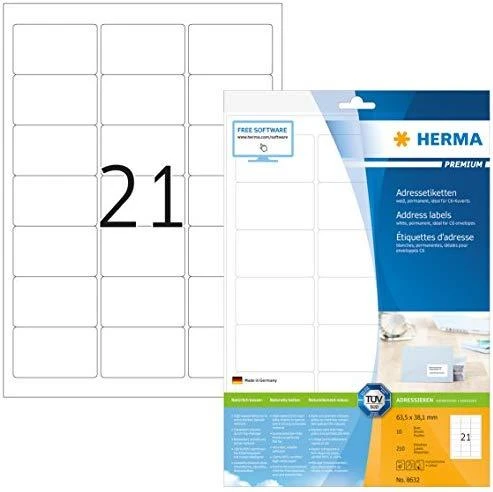 Herma Premium Labels 8632, A4, Adresas, balta, 63,5 x 38,1 mm, matinė popierius, 210 vnt (8632)