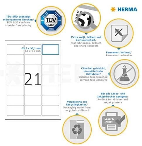 Herma Premium Labels 8632, A4, Adresas, balta, 63,5 x 38,1 mm, matinė popierius, 210 vnt (8632)