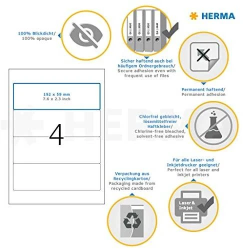 Herma Labels Special 4291, segtuvams, A4, balta, 192 x 59 mm, matinis popierius, 400 vnt., užapvalinti kampai. (4291)