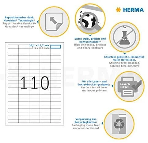 Herma Etykiety odklejalne 4210 Movables, A4, 38,1 x 12,7 mm, balta, papier matinė, 2750 vnt. (4210)
