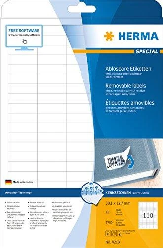 Herma Etykiety odklejalne 4210 Movables, A4, 38,1 x 12,7 mm, balta, papier matinė, 2750 vnt. (4210)
