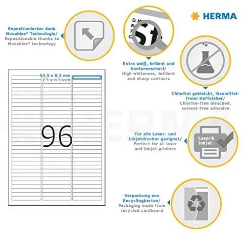 Herma Nuimamos etiketės 4202 Kilnojamieji, A4, 63,5 x 8,5 mm, balta, matinė popierius, 2400 vnt., užapvalinti kampai (4202)
