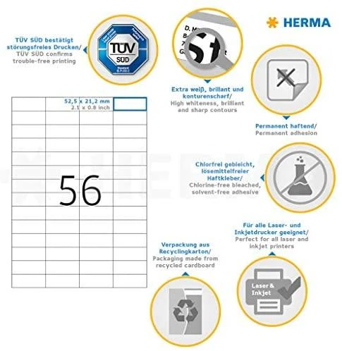 Herma Etykiety Premium 5052, A4, balta, 52.5 x 21.2 mm, papier matinė, 1400 vnt (5052)