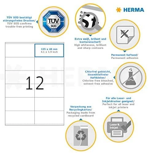 HERMA 4457 lipni etiketė Balta Stačiakampis Ilgalaikis 1200 vnt