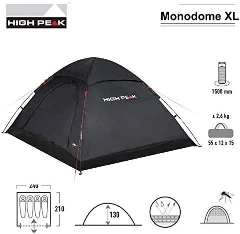 Keturių asmenų juoda palapinė High Peak Monodome XL