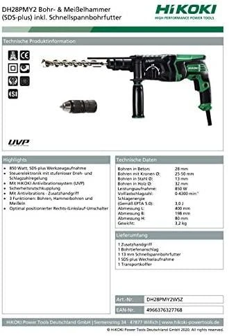 Perforatorius HiKOKI DH28PMY2 su keičiamu griebtuvu