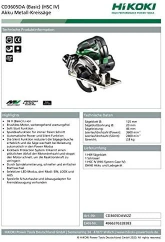HiKOKI CD3605DA metalo pjūklas su technine informacija