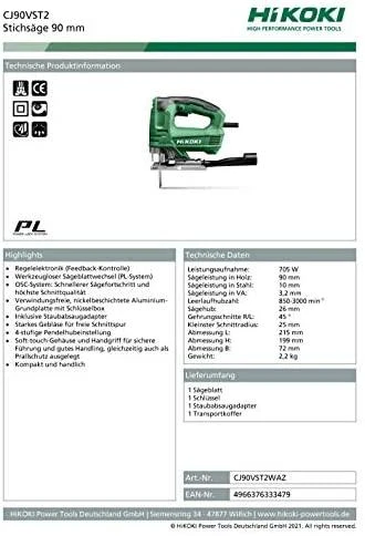 Hikoki siaurapjūklis CJ90VST2WAZ 705W, 90mm su lagaminu