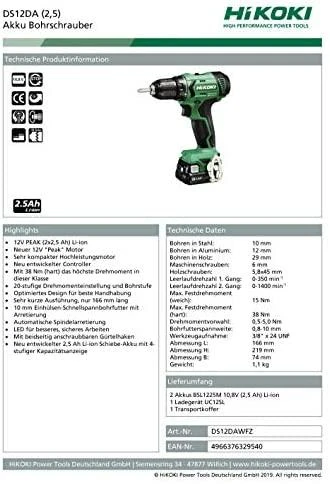 HiKOKI DS12DA techninių parametrų schema