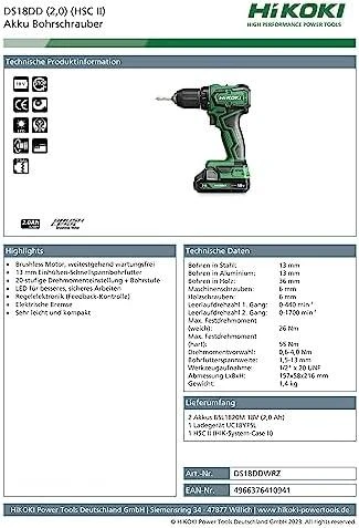 Hikoki DS18DDWRZ techninių parametrų dokumentas