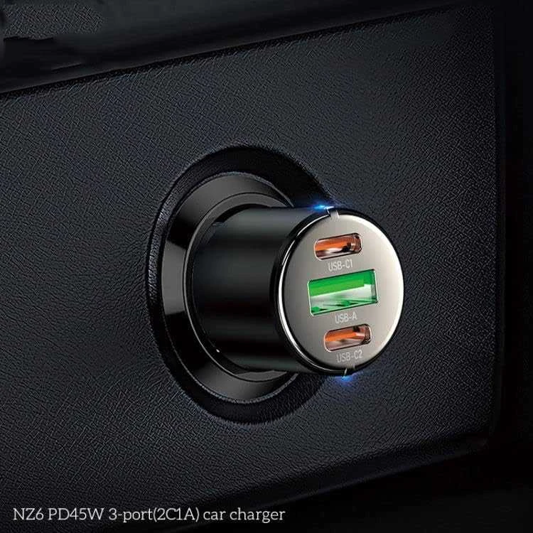 Automobilinis įkroviklis Hoco NZ6 PD45W 2xType-C/1xUSB-A juodas