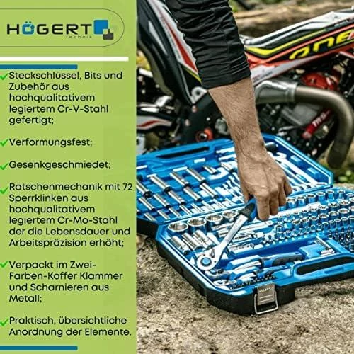 Įrankių komplektas Hogert HT1R444; 1/4''; 3/8''; 1/2''; 222 vnt.