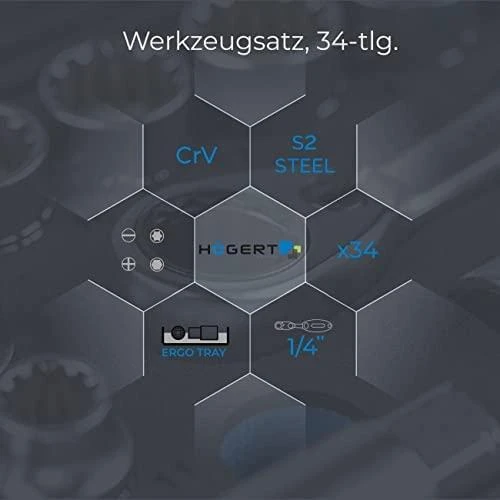 Įrankių komplektas Hogert HT1R464; 1/4''; 34 vnt.