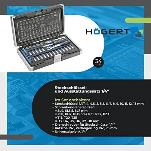 Įrankių komplektas Hogert HT1R464; 1/4''; 34 vnt.