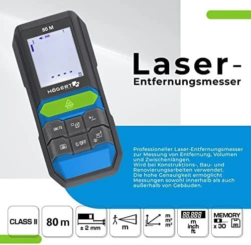 Lazerinis atstumų matuoklis Hogert HT4M324; 80 m