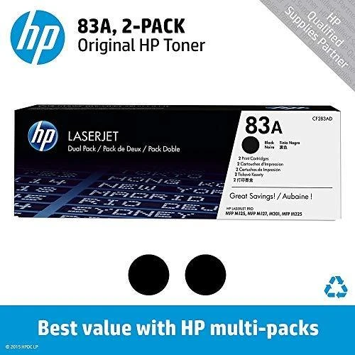 Hewlett Packard (HP) HP 83A 2-pack juodas dažų kasetė, skirta LaserJet M201, M125, M127, M225 (1 500 puslapių)