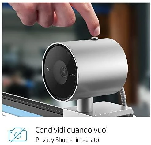 Hewlett Packard (HP) HP 950 4K UHD žiniatinklio kamera / USB / privatumas / automatinis fokusavimas, AI automatinis kadravimas / mikrofonas / Sidabrinis / 1 metai