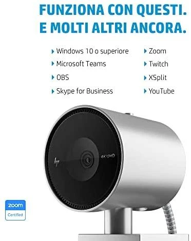 Hewlett Packard (HP) HP 950 4K UHD žiniatinklio kamera / USB / privatumas / automatinis fokusavimas, AI automatinis kadravimas / mikrofonas / Sidabrinis / 1 metai