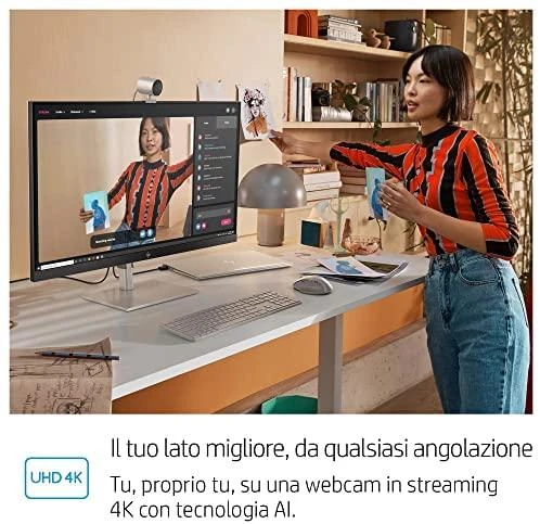 Hewlett Packard (HP) HP 950 4K UHD žiniatinklio kamera / USB / privatumas / automatinis fokusavimas, AI automatinis kadravimas / mikrofonas / Sidabrinis / 1 metai