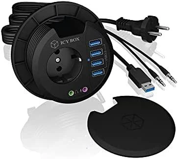 ICY BOX stalo stebulė 4x USB 3.0 Type-A su garso įvestimi/išvestimi ir Schuko Socket CEE 7/3 skersmens 80 mm Juodas